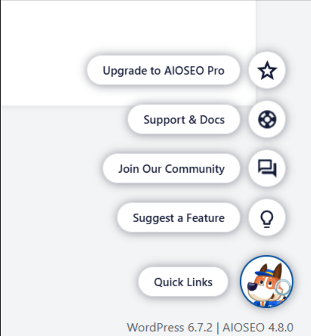 All in One SEO menu with upgrade, support, and quick links