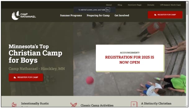 Camp Nathanael website home page 