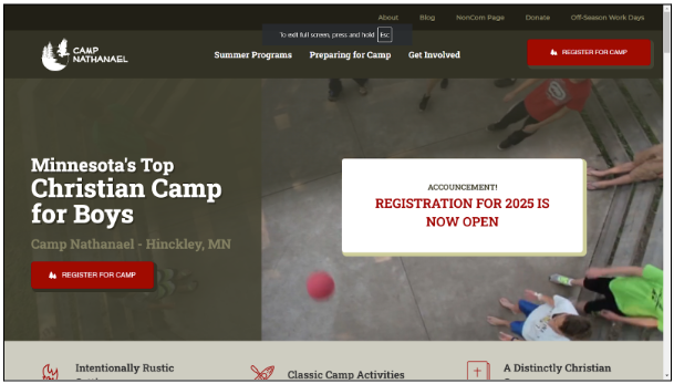 Camp Nathanael website home page 