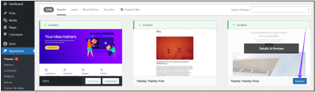Hover over the theme and click "Activate"