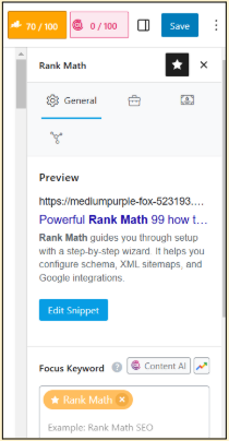 Rank Math target keyword settings and Score