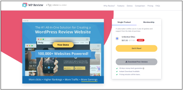 WP Review Pro WordPress Plugin purchase page 
