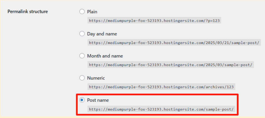 Choosing post name as permalink link structure