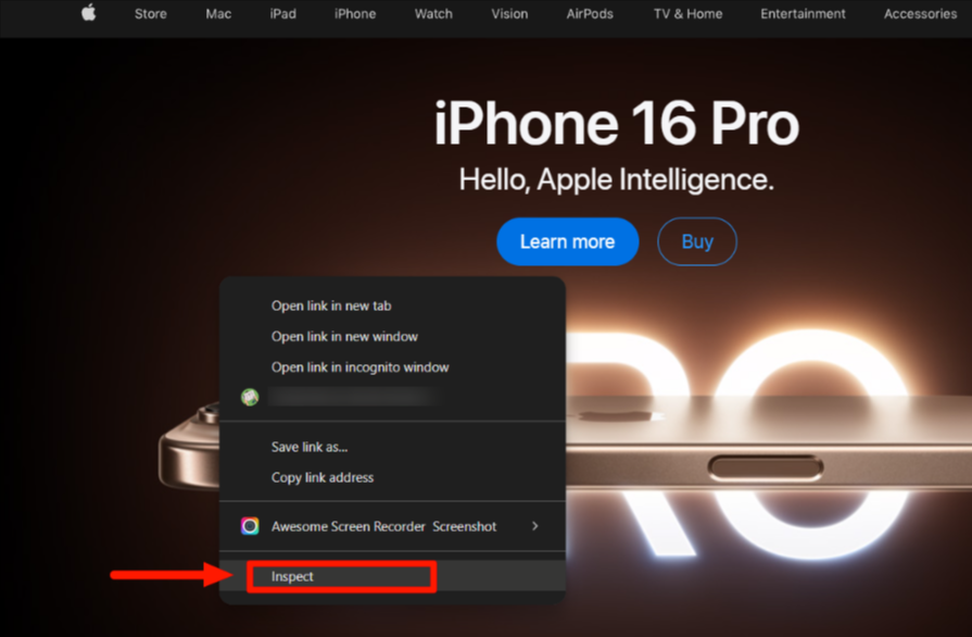 Inspect option on web browser