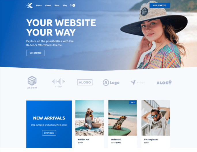 Kadence WordPress theme homepage with shop preview