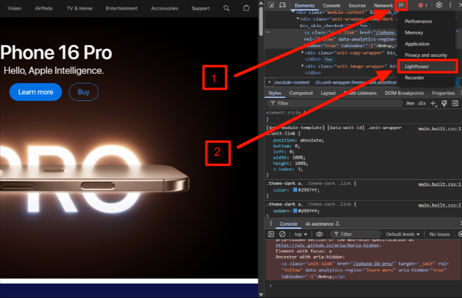 Navigate to the "Lighthouse" tab