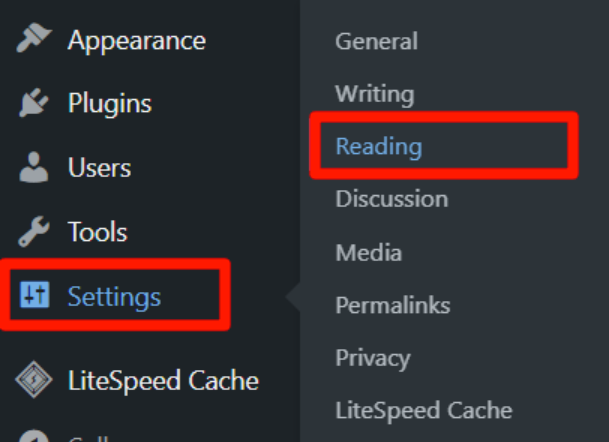 Settings and Reading option on WordPress