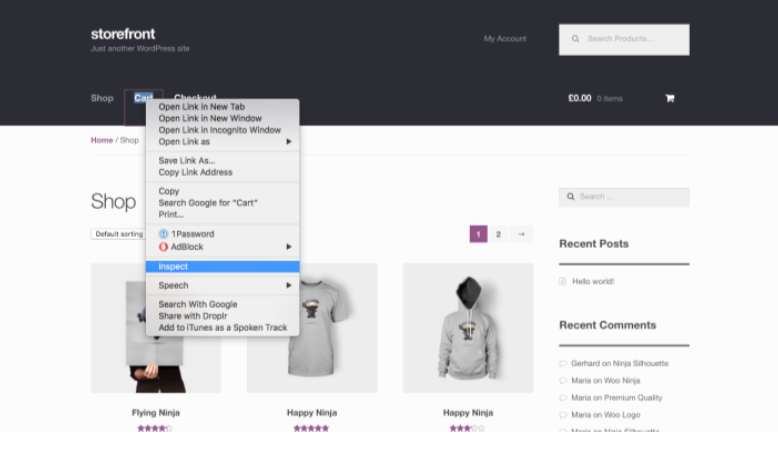 WooCommerce shop page with right-click menu on cart link