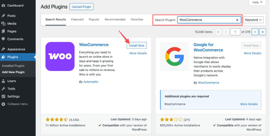WooCommerce plugin search and install screen in WordPress.