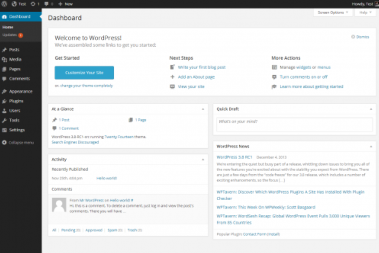 WordPress admin dashboard & features 