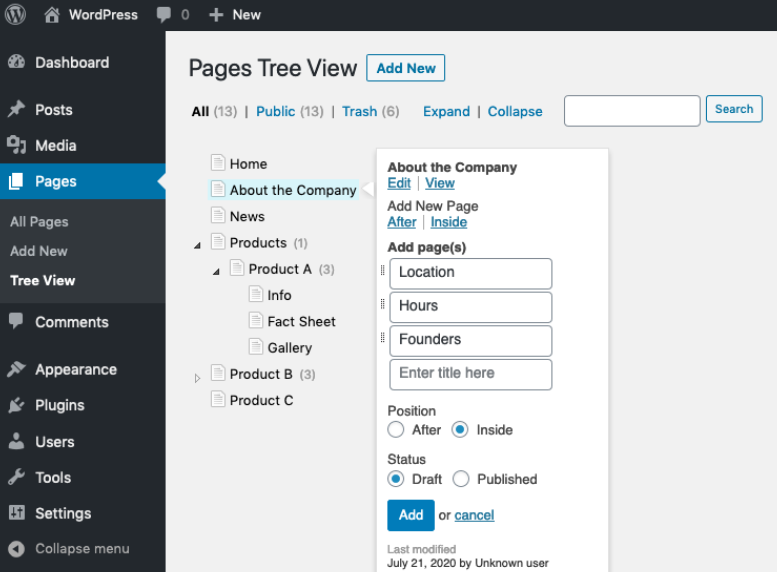 WordPress Pages Tree View with nested pages