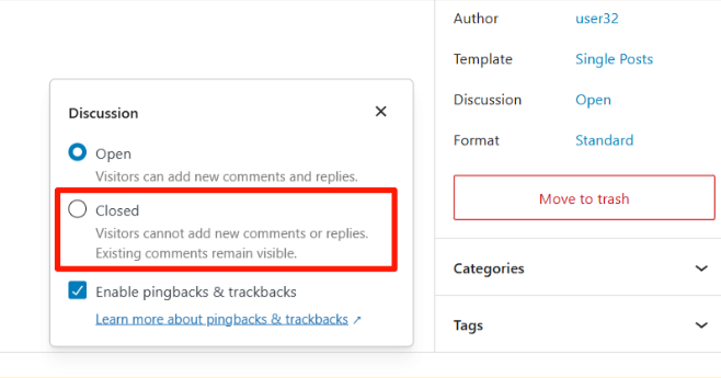 closed option in individual post page