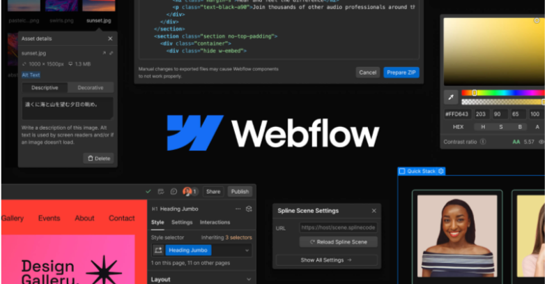 Webflow interface showing design and code tools