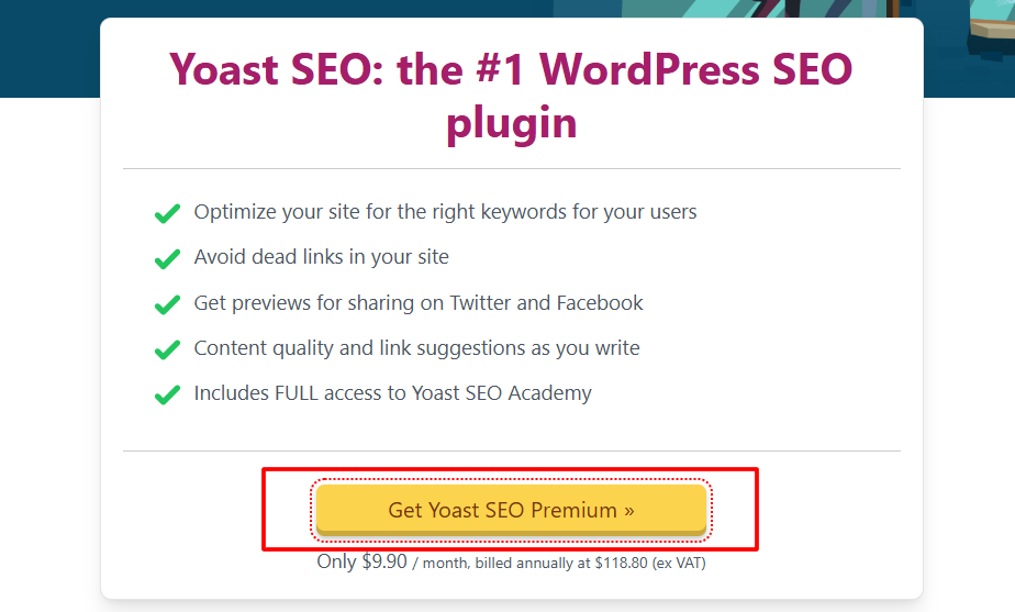 Click the “Get Yoast SEO Premium” option Click the “Get Yoast SEO Premium” option